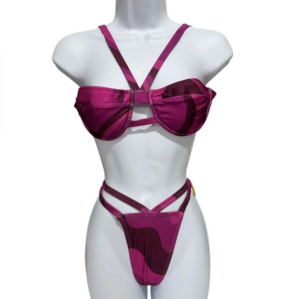 Fashion Nova Magenta Wave Strappy Bikini Set NWT